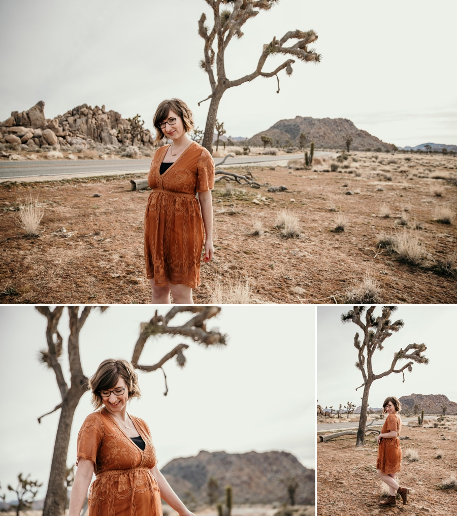 girl in orange dress in joshua tree