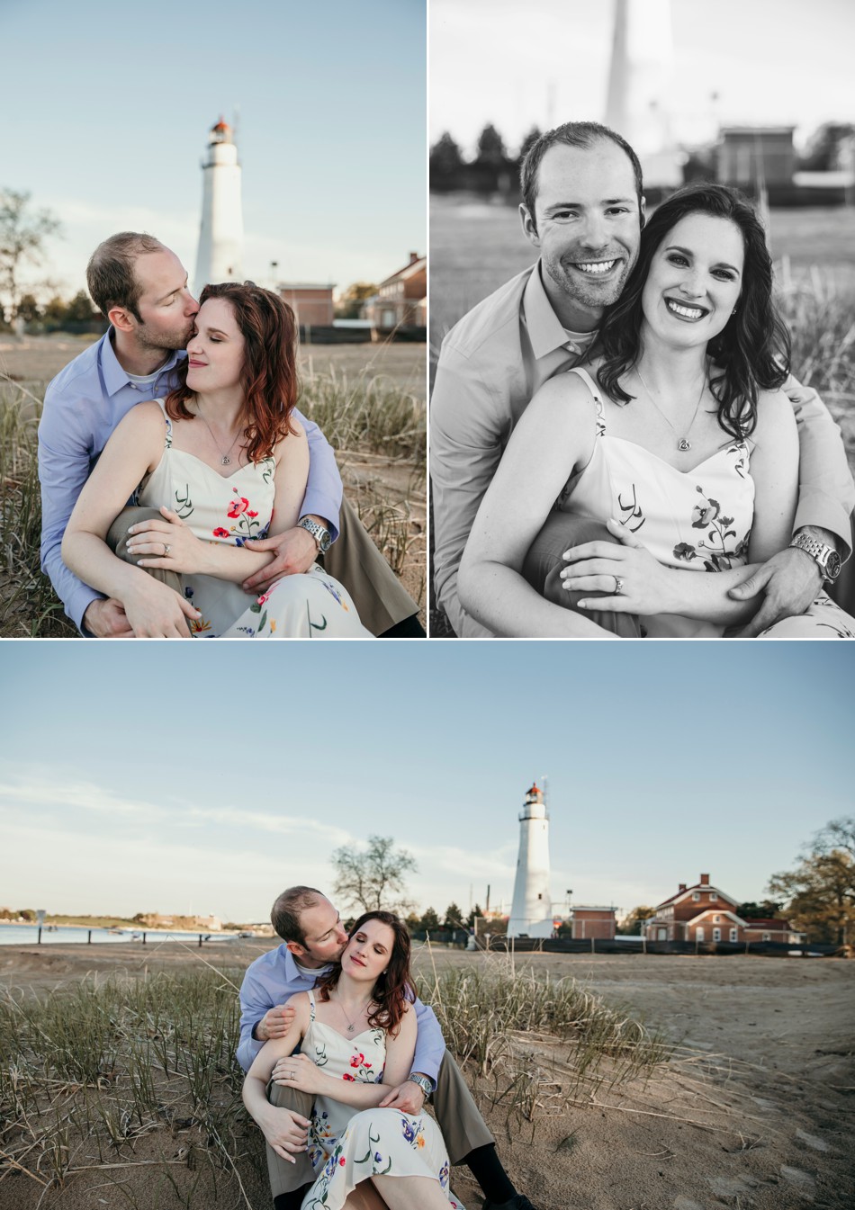 couple hugging in front of light house