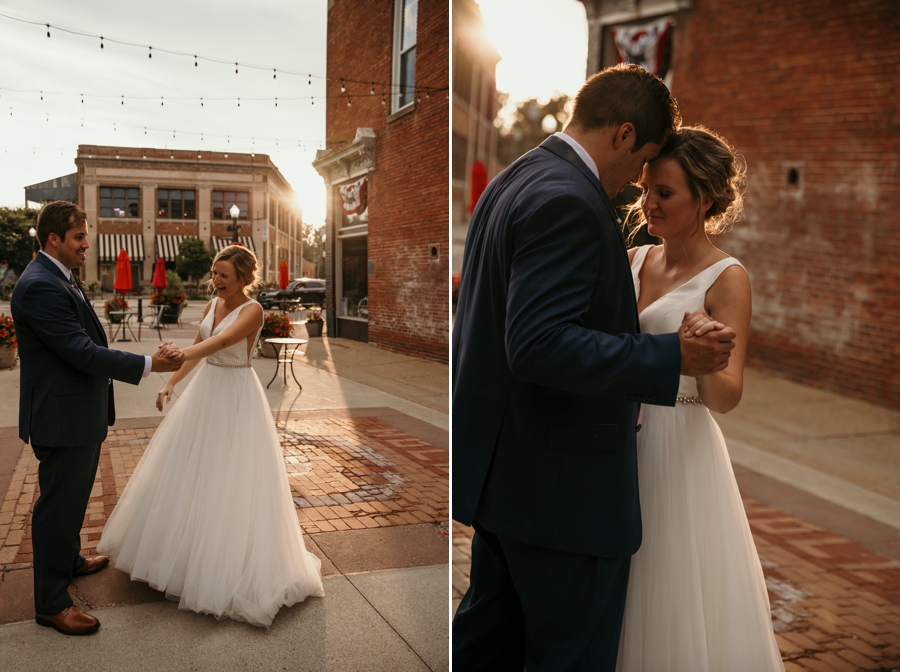 Bride and Groom in downtown Holly golden hour