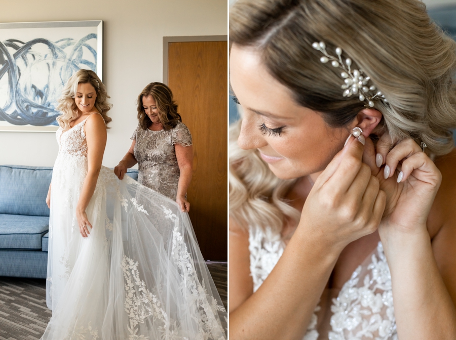 Morgan putting on her gown and Jewelry at Grand Traverse Resort, at her Traverse City Wedding.